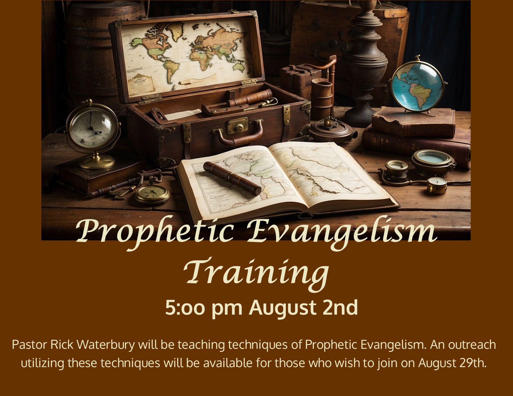 Prophetic Evangelism Training flyer, 5:00 PM August 2nd