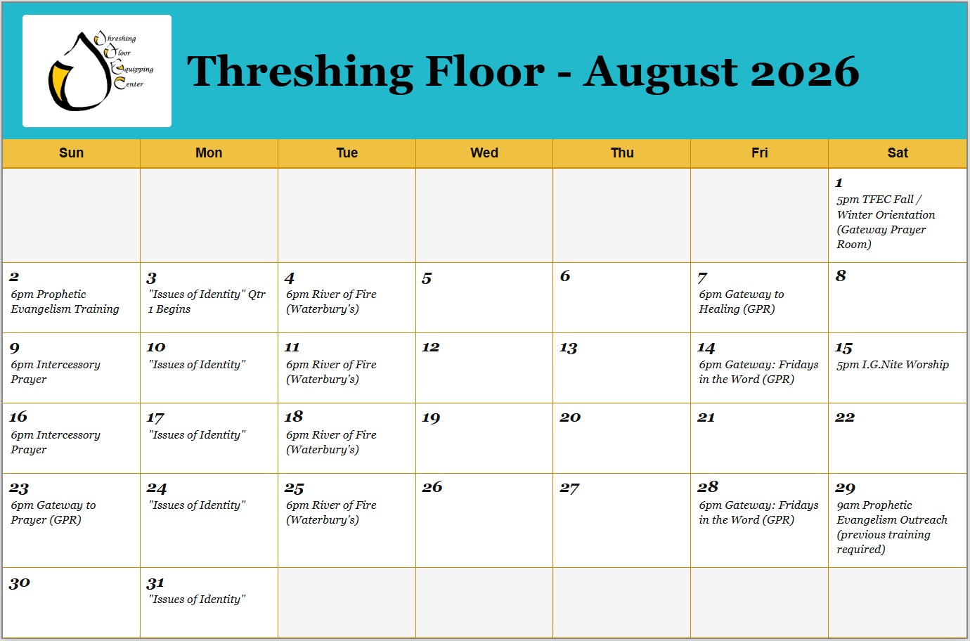 TFEC Activities Calendar - August 2026